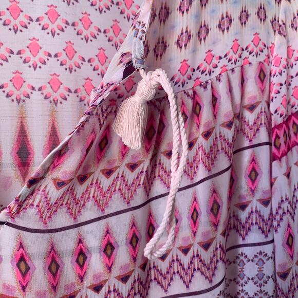 Decree Pink Sheer Geometric Pattern Blouse Swim Cover Up Tie Neck Size M - Picture 4 of 16